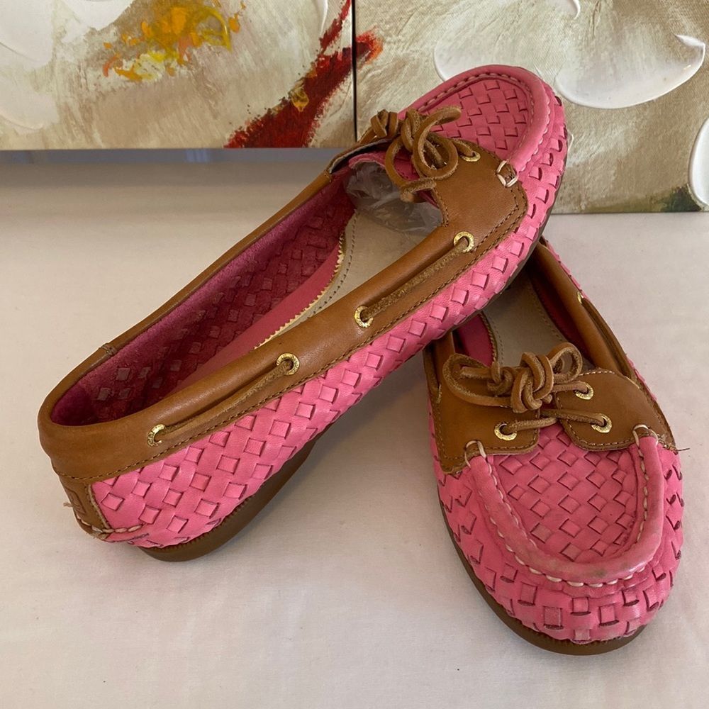 Sperry Leather Upper Slip On Pink Tan Woven Flats